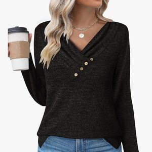 Stylish Black V-Neck Sweater with Button Detail